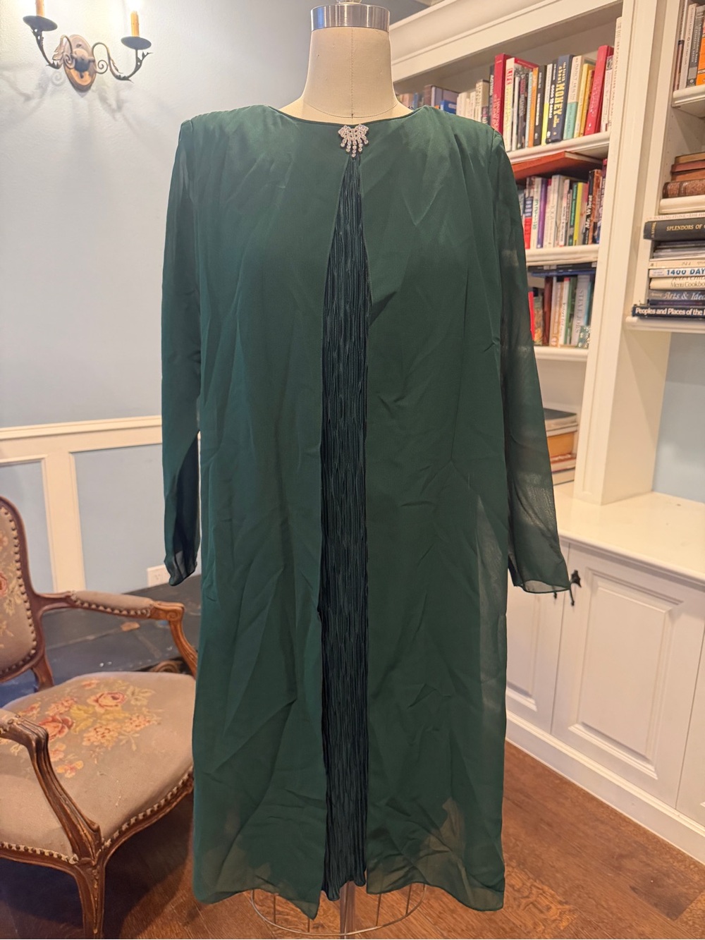 Vintage Emerald Green Long Sleeve Sheer Overlay Dress with Brooch